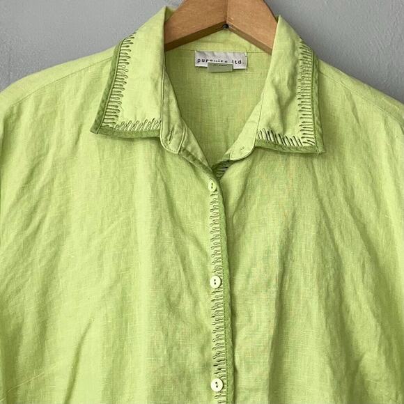 Chartreuse Linen Button Up Shirt Womens Size 14 Green Embroidered Beachy Chic - Picture 3 of 9